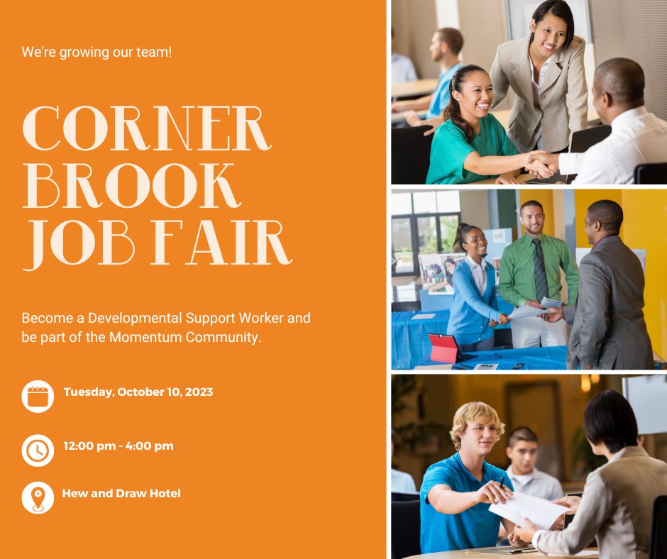 It's Job Fair Day! 🚀 

If you're in #CornerBrook and want to work towards #EnhancingFutures - come see us!

We'll be at the Hew &amp; Draw Hotel from 12-4pm today offering on-the-spot interviews.

📌 Bring your resume!

#Momentum #JobFair #DSW #CommunityCare