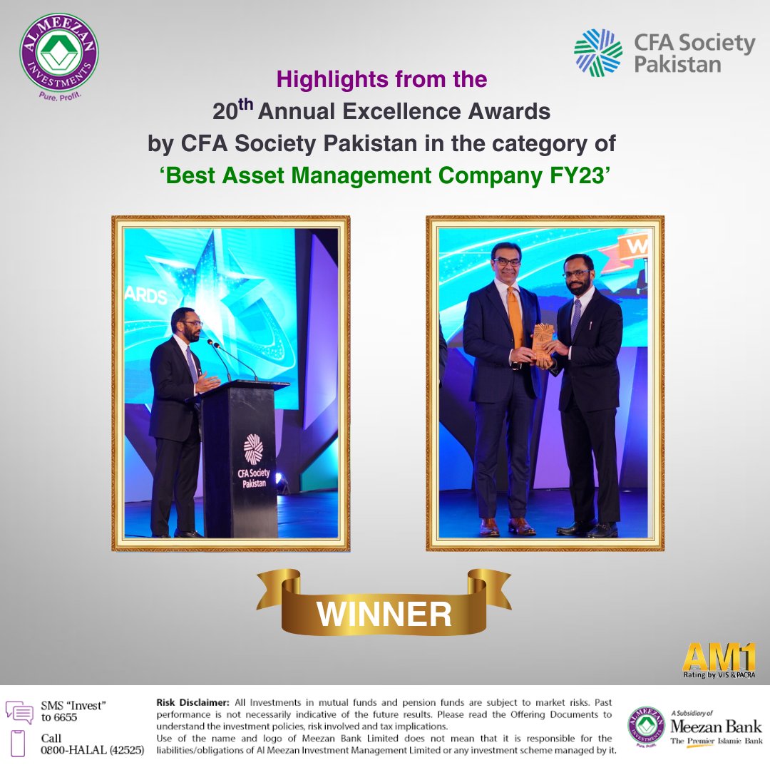 AlMeezanGroup's tweet photo. Highlights from the 20th Annual Excellence Awards by CFA Society Pakistan.
#CFAAwards #AlMeezanInvestments #BestAssetManagement #Award #InvestmentAwards #Milestone https://t.co/FWf2nAh3XM