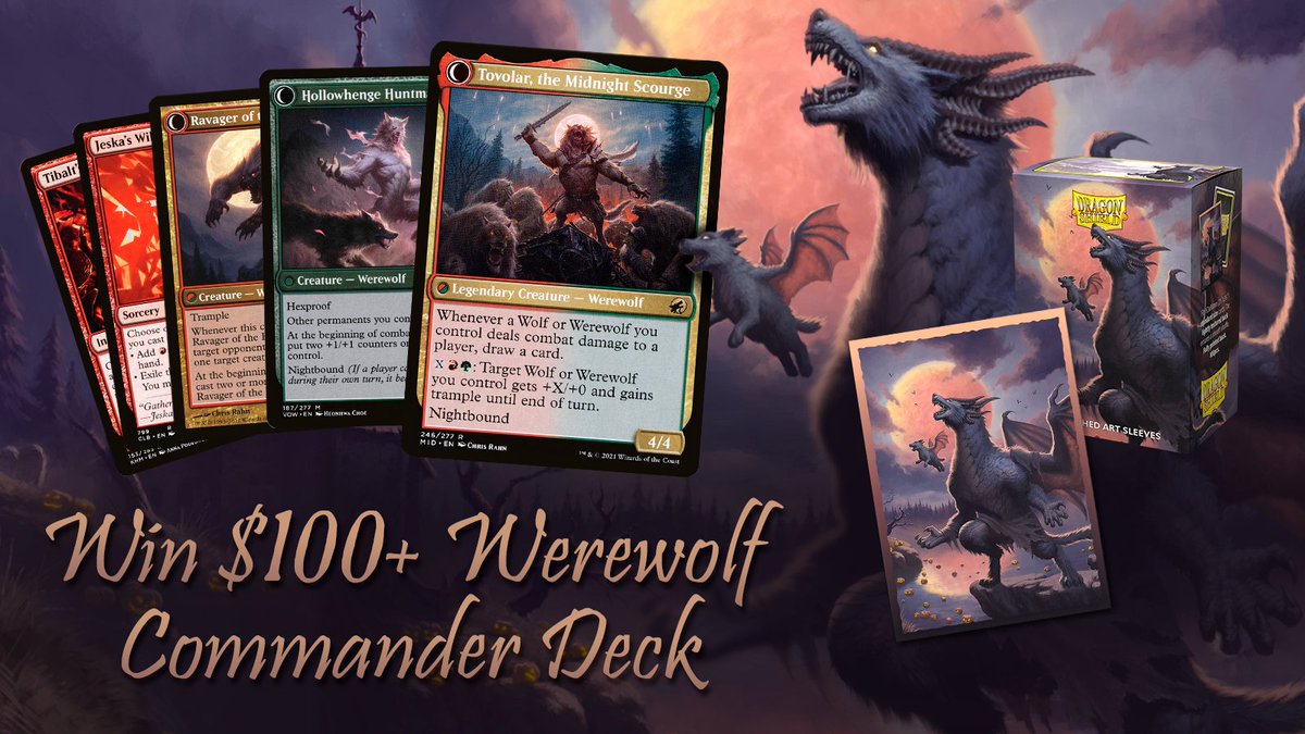 Howl at the moon with the new Howl-oween Art Sleeves! We're over the moon about these, so we're giving away the sleeves+playmat, PLUS AN ENTIRE $100+ Werewolf Commander deck brewed by our dragons! RT to enter. Remember to follow/enable messages, so we can contact the winner.