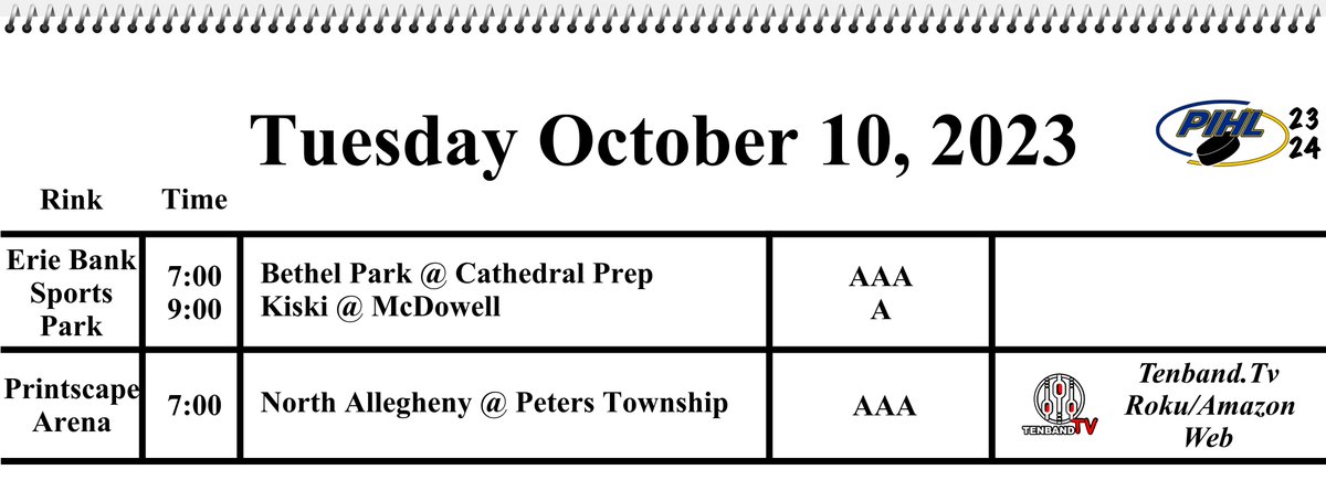 Mondays finals + Tuesday schedule

@Tenbandtv brings you North Allegheny - Peters Township