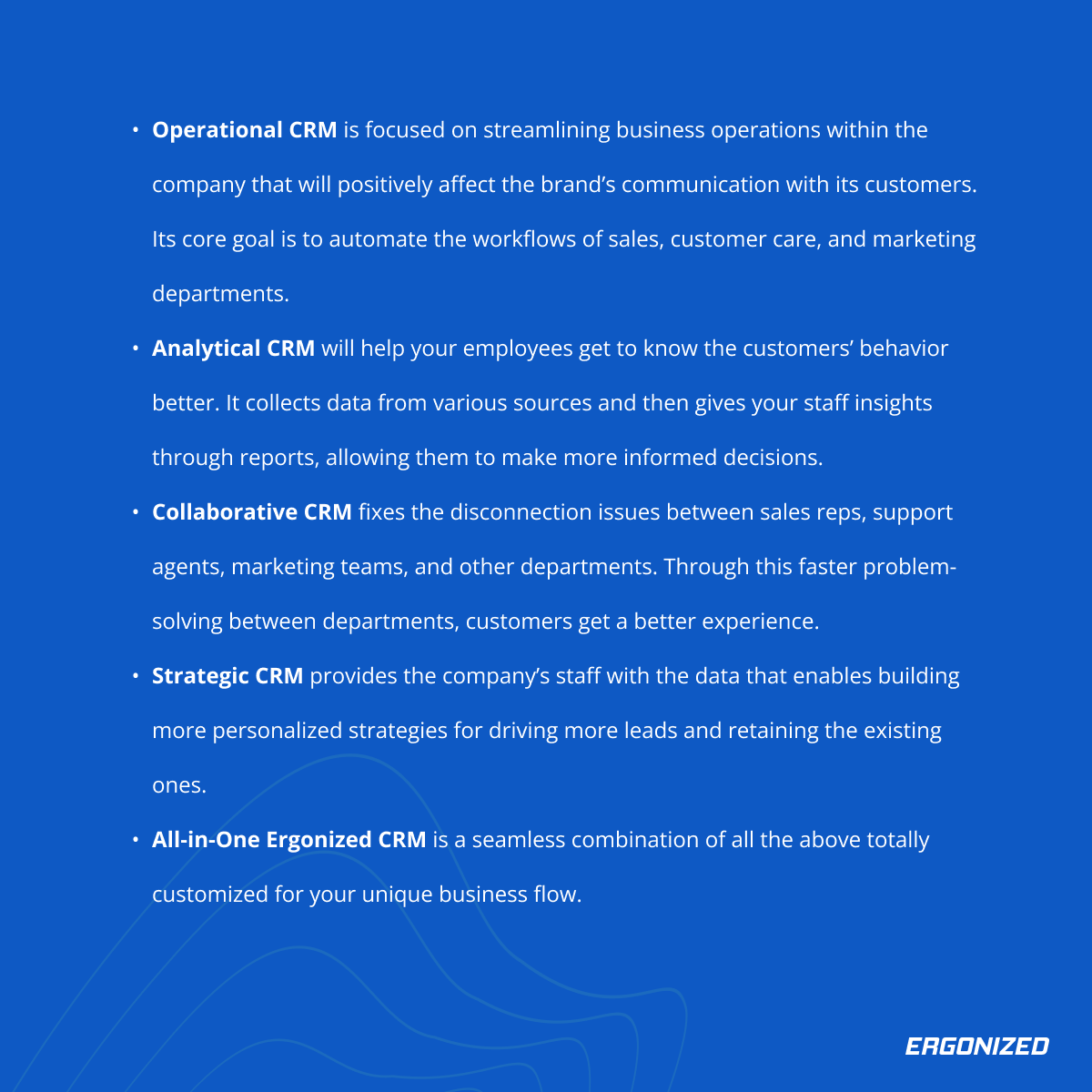 Ergonized's tweet photo. What Are the Different Types of CRM?

📩 Feel free to drop us a line at info@ergonized.com to get acquainted with our #CRMpackages and book a demo. https://t.co/1mX52ZzSxH