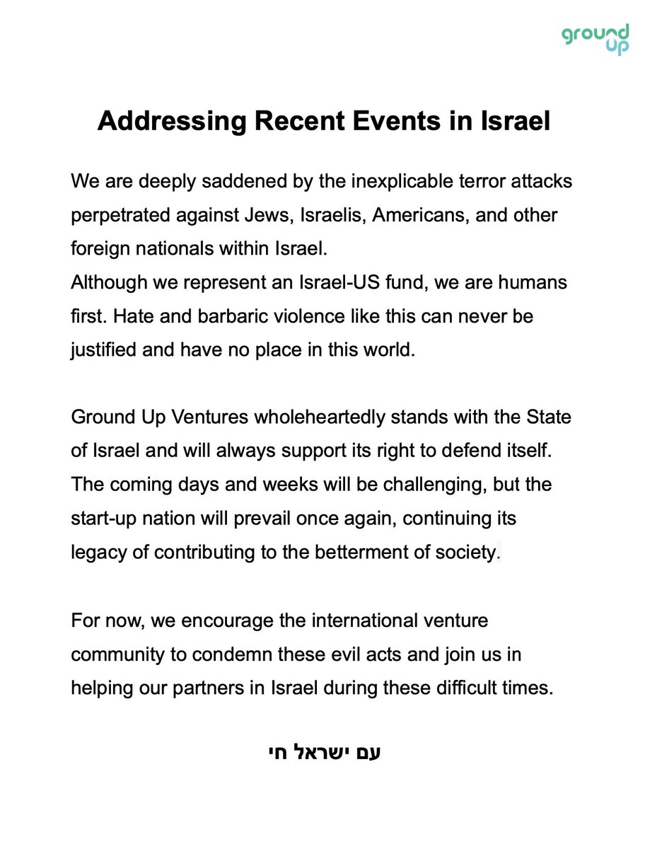 We are deeply saddened by the inexplicable terror attacks perpetrated against Jews, Israelis, Americans, and other foreign nationals within Israel. Although we represent an Israel-US fund, we are humans first. Hate and barbaric violence like this can never be justified and have
