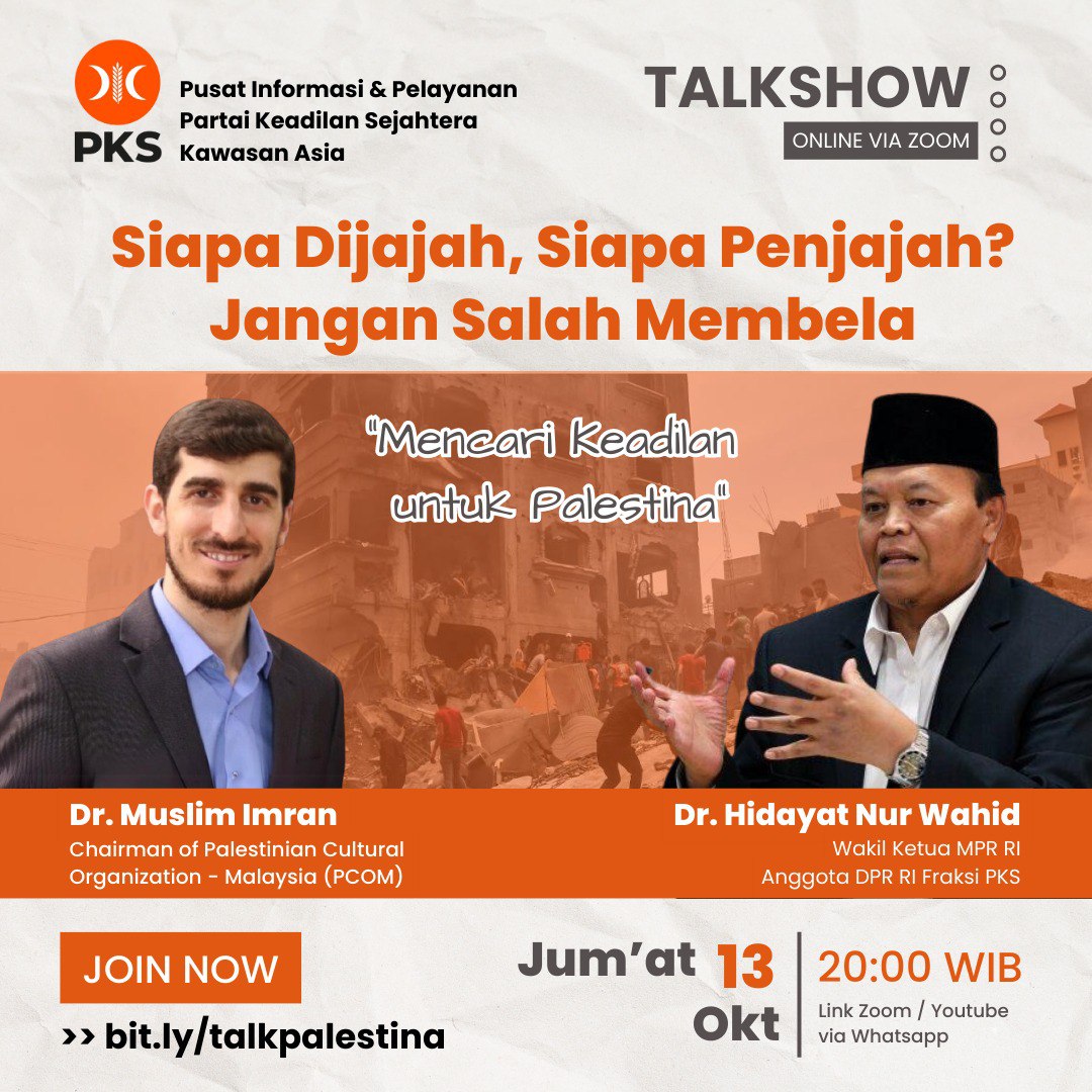 Mari simak dan diskusikan bersama dalam Talkshow Online "MENCARI KEADILAN UNTUK PALESTINA Gaza"

JOIN SEKARANG! Klik >> bit.ly/talkpalestina  Link Zoom &amp; Youtube menyusul bagi pendaftar