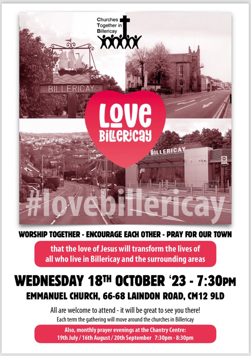 Love Billericay Prayer Gathering next week at <a href="/EmmanuelCM12/">Emmanuel Billericay</a> 7:30pm. 
We will worship together, encourage each other and pray for our town, that the love of Jesus will transform the lives of all who live in Billericay and the surrounding areas. <a href="/LoveBillericay/">Love Billericay</a>