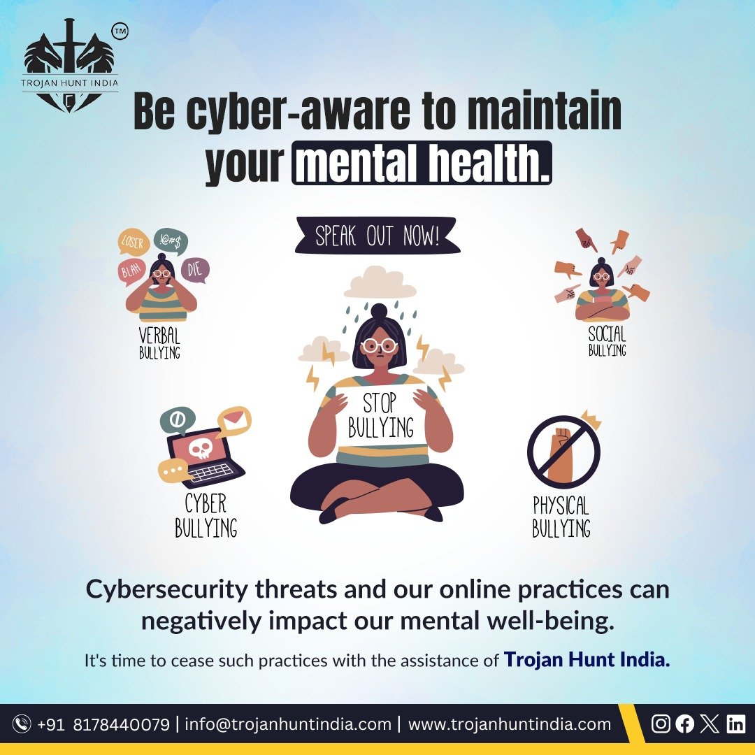 Cyber threats contribute to rising stress levels and anxiety. Break free from such harmful online practices with Trojan Hunt India.
Let's empower ourselves with cyber awareness to safeguard data and our mental health. 
#mentalhealthday #mentalhealthsupport #mentalhealthmatters