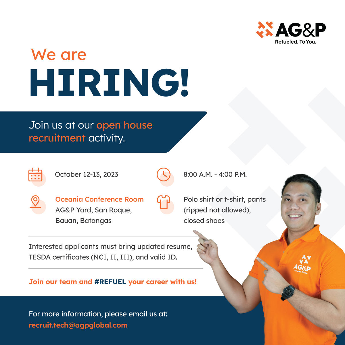 agptoyou's tweet photo. Join us at our open house recruitment activity and #REFUEL your career with us! 

Contact us!
recruit.tech@agpglobal.com
0998 966 5221
0998 966 5720 
0998 966 5586
#AGPToYou #AGPTeam #AGreatPlace https://t.co/LGcQcePJEN