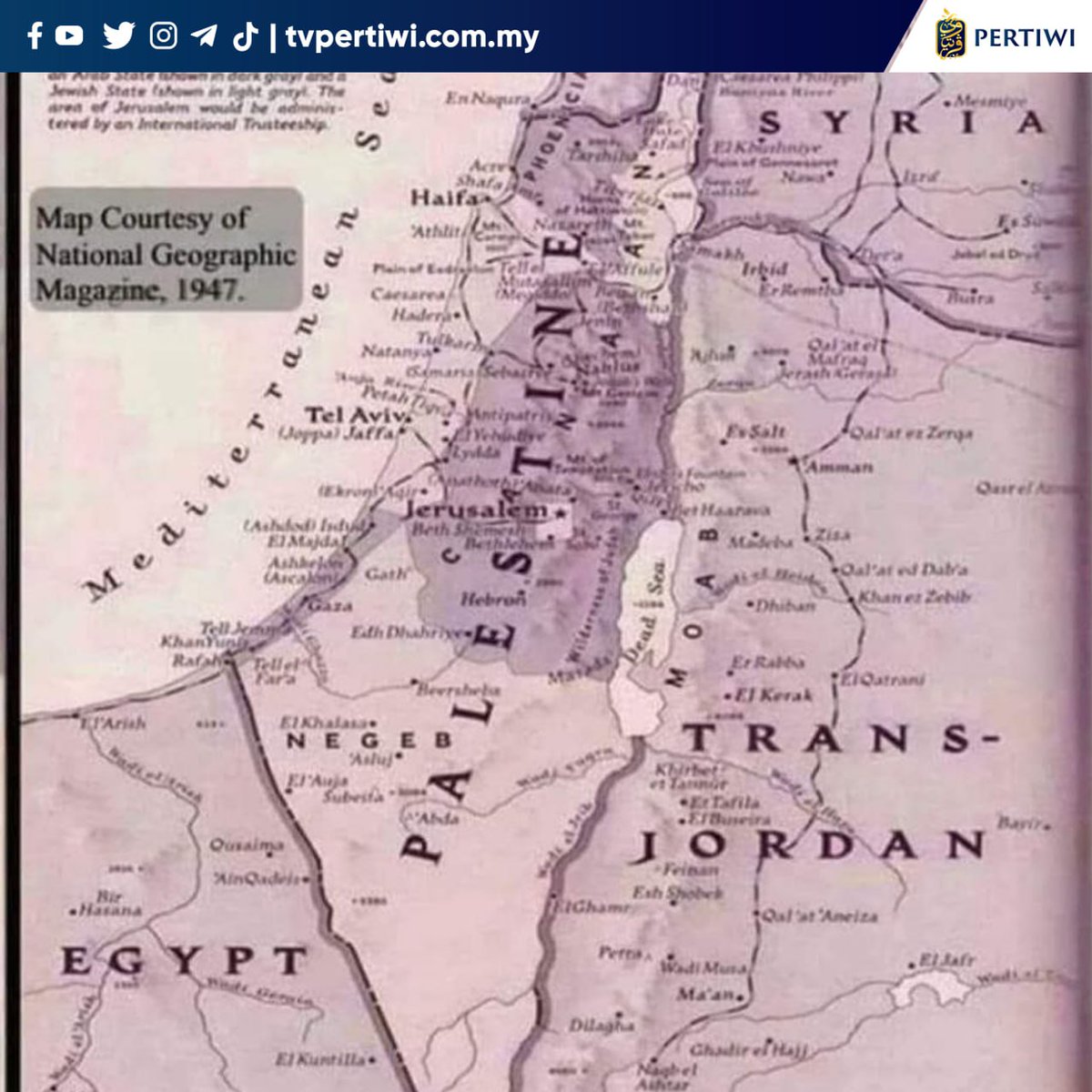 numanmazlan's tweet photo. Peta ini telah dikeluarkan oleh National Geographic pada tahun 1947, setahun sebelum Hari Nakbah, tidak ada entiti haram Israel di dalam peta tersebut. https://t.co/7oLdSnNuSj