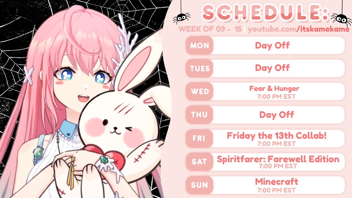 My first schedule after my redebut is here! I'm so excited to be back! I can't wait to play all these fun games for my favorite month of the year! Be prepared for spoops everyone! #Vtuber #VTuberUprising #VtuberEN
