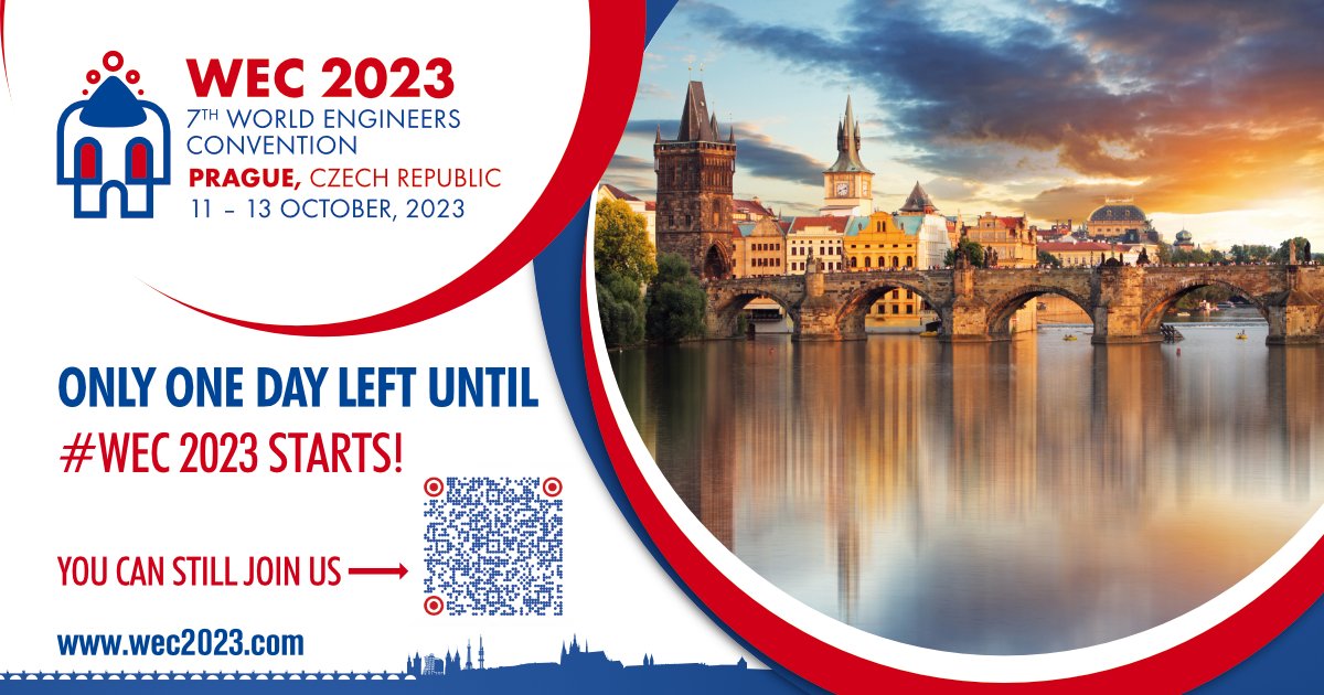 📢 The wait is almost over! ⏰Only one day left until #WEC2023 begins❗️ Join us for this exciting #engineering congress and meet our international participants and esteemed speakers.🌎 Get ready and see you all tomorrow in #Prague at #WEC2023! 🚀 #youngengineers #spaceengineering
