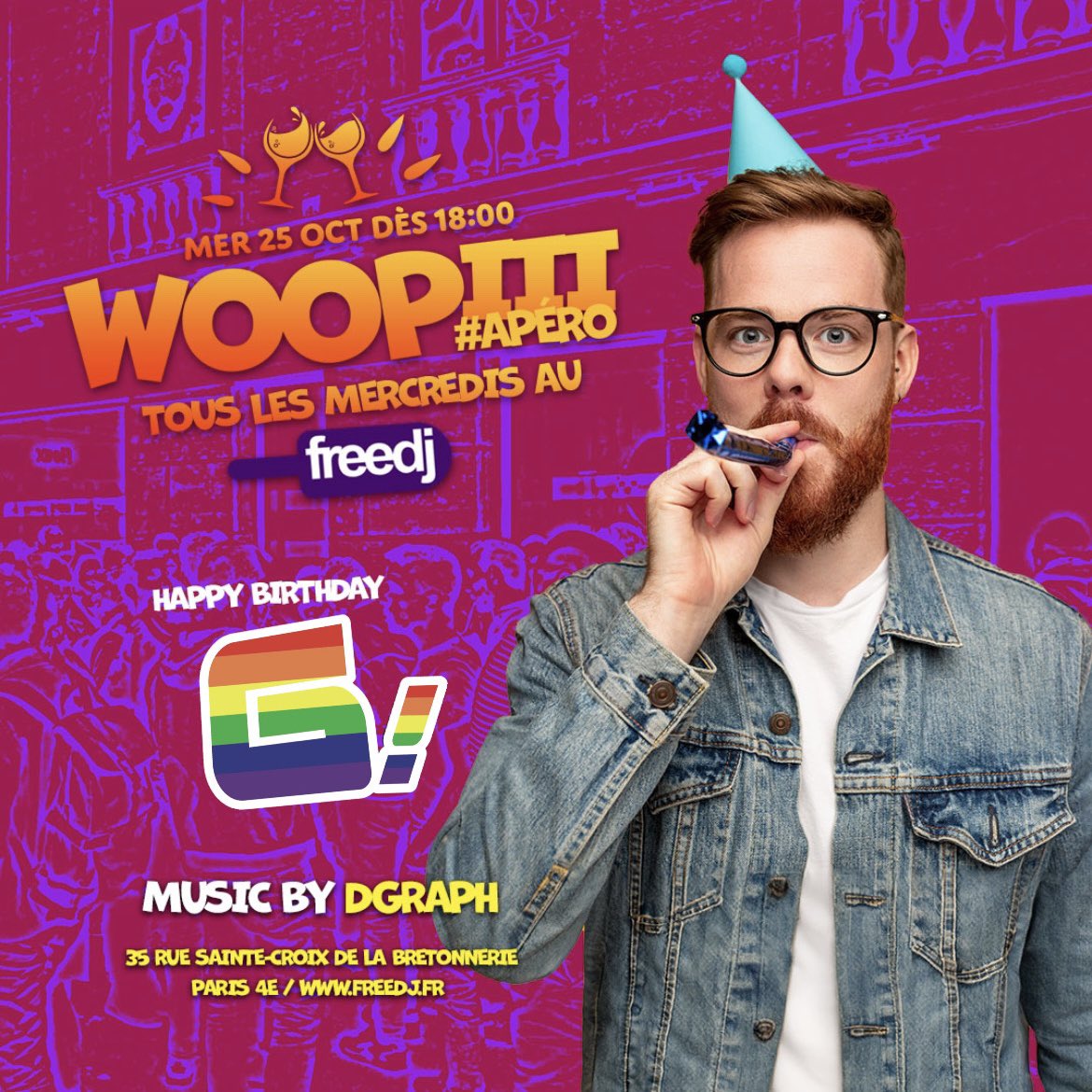 GareLGBT's tweet photo. Pour notre 23ème anniversaire, nous vous invitions à un moment de convivialité festif au Free DJ le 25 Octobre 2023 à partir de 18h00. Situé au 35 Rue Sainte-Croix de la Bretonnerie, 75004, Paris, le Free DJ est le nouvel établissement accueillant les soirées Whoopiii 🏳️‍🌈 https://t.co/LImUaXvmaT