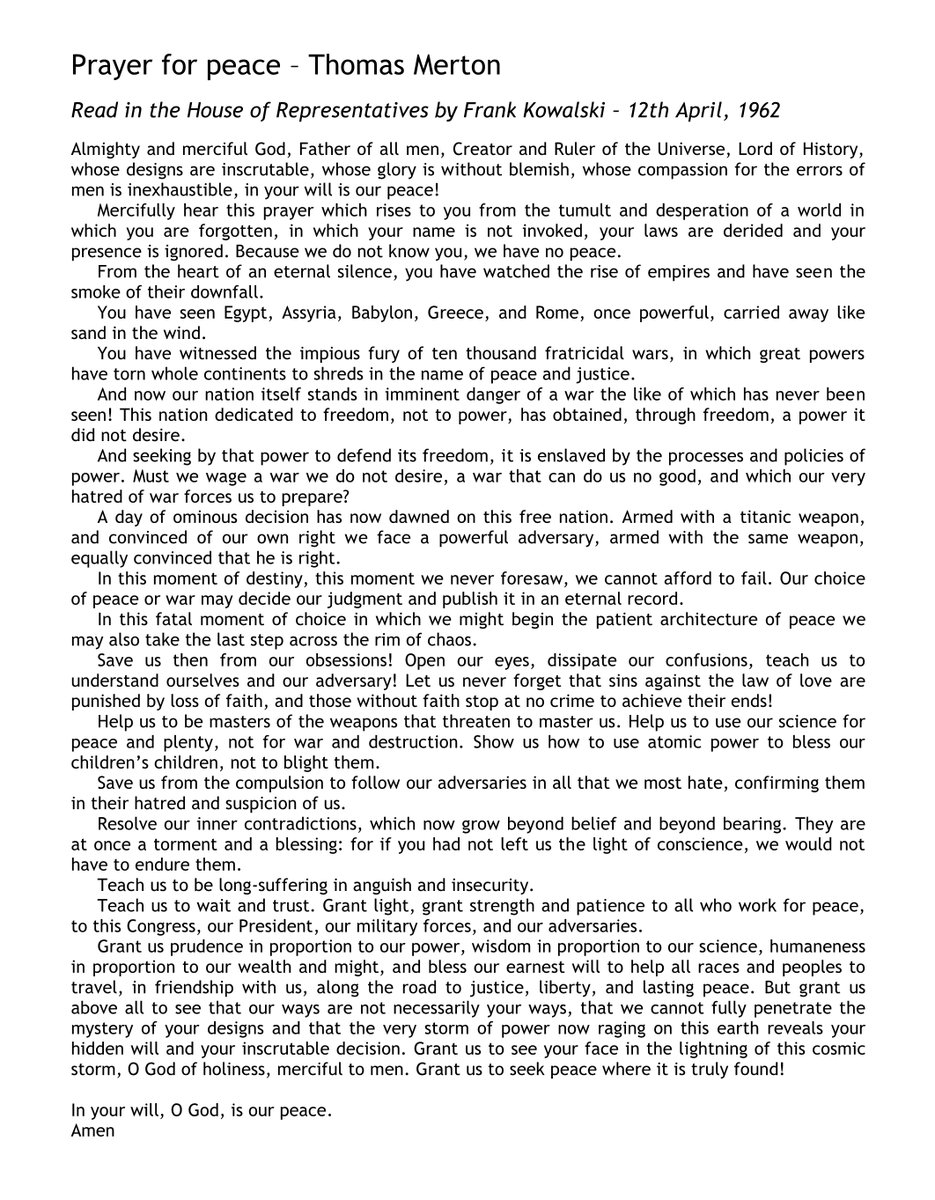 ThomasMertonGBI's tweet image. Thomas Merton's Prayer for Peace read in the House of Representatives by Frank Kowalski – 12th April, 1962