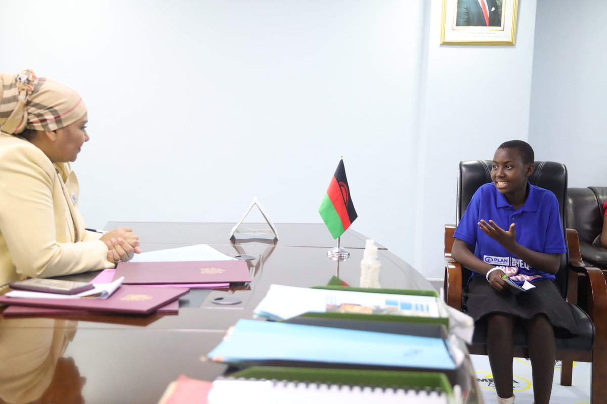 PlanMalawi's tweet photo. Climate activist Evelyn, 16 took over the office of the Ministry of Water  Sanitation for a day. She met with Hon Abida Mia &amp; shared her priorities for a sustainable future: conserving the environment &amp; ensuring that all Malawians have access to clean water #GirlsTakeover https://t.co/11araJ9p6Q