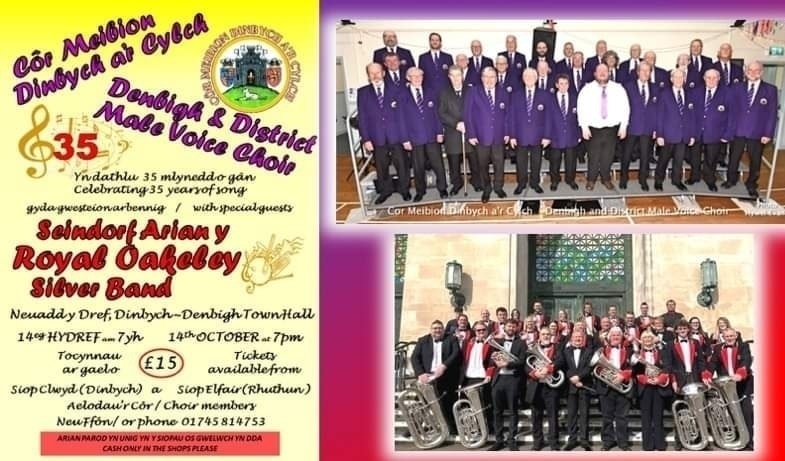 Only four days to go until Denbigh & District Male Voice Choir's 35th Anniversary Concert featuring the prize winning Royal Oakeley Silver Band. 7pm Saturday 14th October 2023 at Denbigh Town Hall. Tickets £15 from Siop Clwyd, Denbigh, any Choir Member or phone 01745 814753.