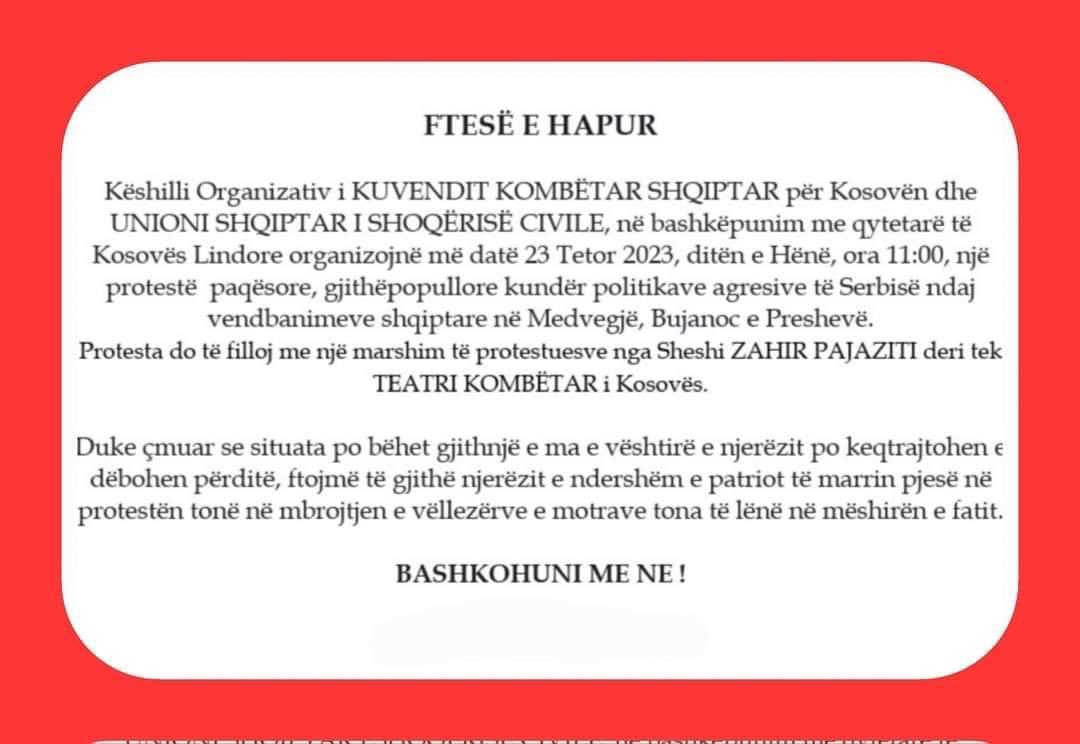 FloraFerati's tweet photo. Breaking:

🇦🇱Albanians from Presevo Valley will be marching and protesting  against Serbia’s aggressive policies and targeting of ethnic Albanians in 🇷🇸Serbia.

The protests will take place on October 23rd in Pristina.

I am being told that more protests will follow.

👇 https://t.co/WsZXUvQhCl