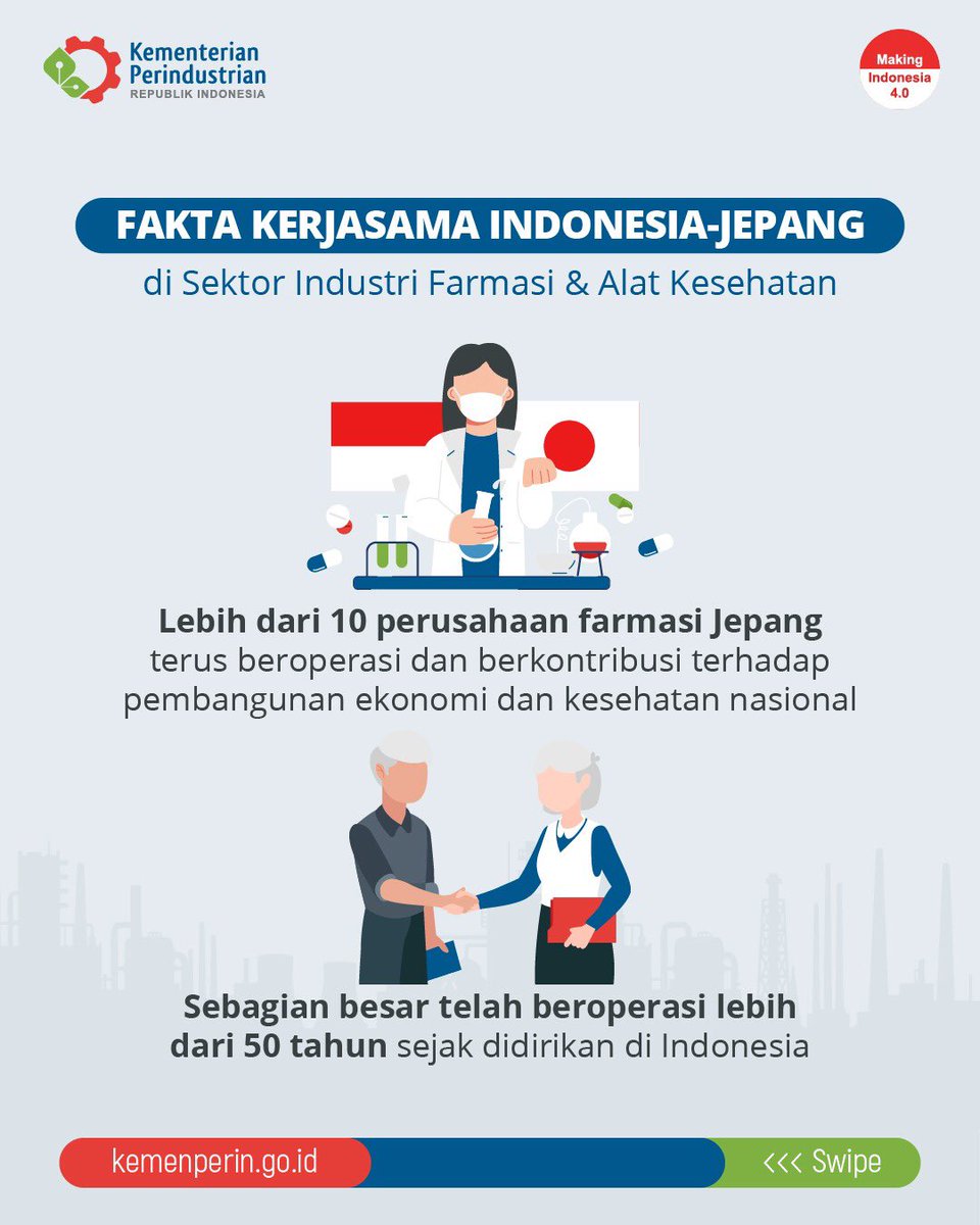 Kemenperin_RI's tweet photo. Thn 2021, pasarnya bernilai USD3,5 M, & diperkirakan tumbuh menjadi USD6,5 M pd 2026.
Salah satu negara yg telah lama menjalin kerja sama dgn Indonesia di bidang ini adalah Jepang.
Kita simak infonya yuk.
#infoperin #jagaindustri #alkes #farmasi #investasi https://t.co/VA2r805MhL