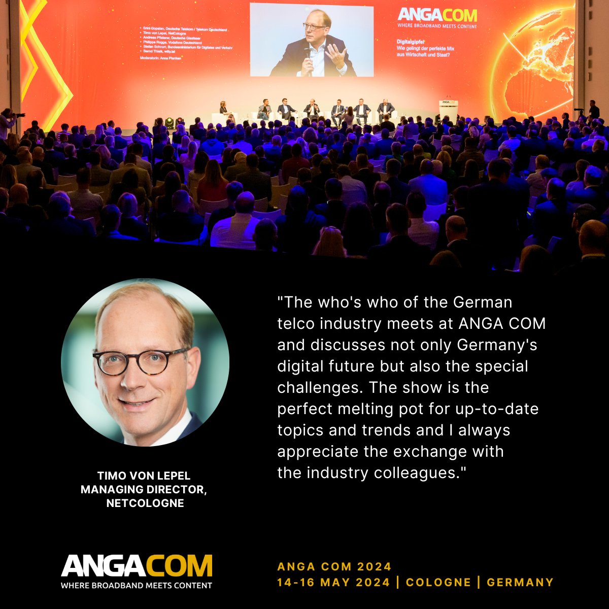 Timo von Lepel, Managing Director, #NetCologne on #ANGACOM 2023: “The who's who of the German telco industry meets at ANGA COM and discusses not only Germany's digital future but also the special challenges...' Read all statements in our fact sheet: tinyurl.com/5bts4k5b