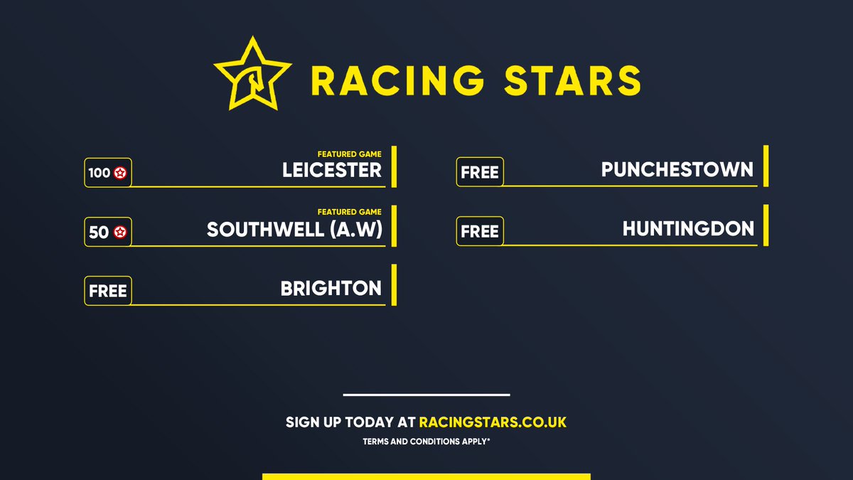 RacingStarsLtd's tweet photo. We have 5 games to play today!

FREE to Enter:

• Brighton
• Punchestown
• Huntingdon

…with our Featured Games coming from Leicester &amp; Southwell ⭐️

PLAY NOW: https://t.co/GzaE6YsWYa 

#RacingStars #HorseRacing https://t.co/jkcazs4oZR