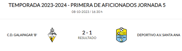 Victoria del Filial <a href="/CDGalapagar/">C.D. Galapagar</a> por 2-1 ante <a href="/dep_av_santaana/">D.A.V. Santa Ana</a> 
Buena 1ªmitad de los locales con un gol tempranero de Escudero y otro al filo del descanso de Miguel dejaron de cara el partido a los de Galapagar

Redujo diferencia Alonso a la hora de partido pero no fue suficiente