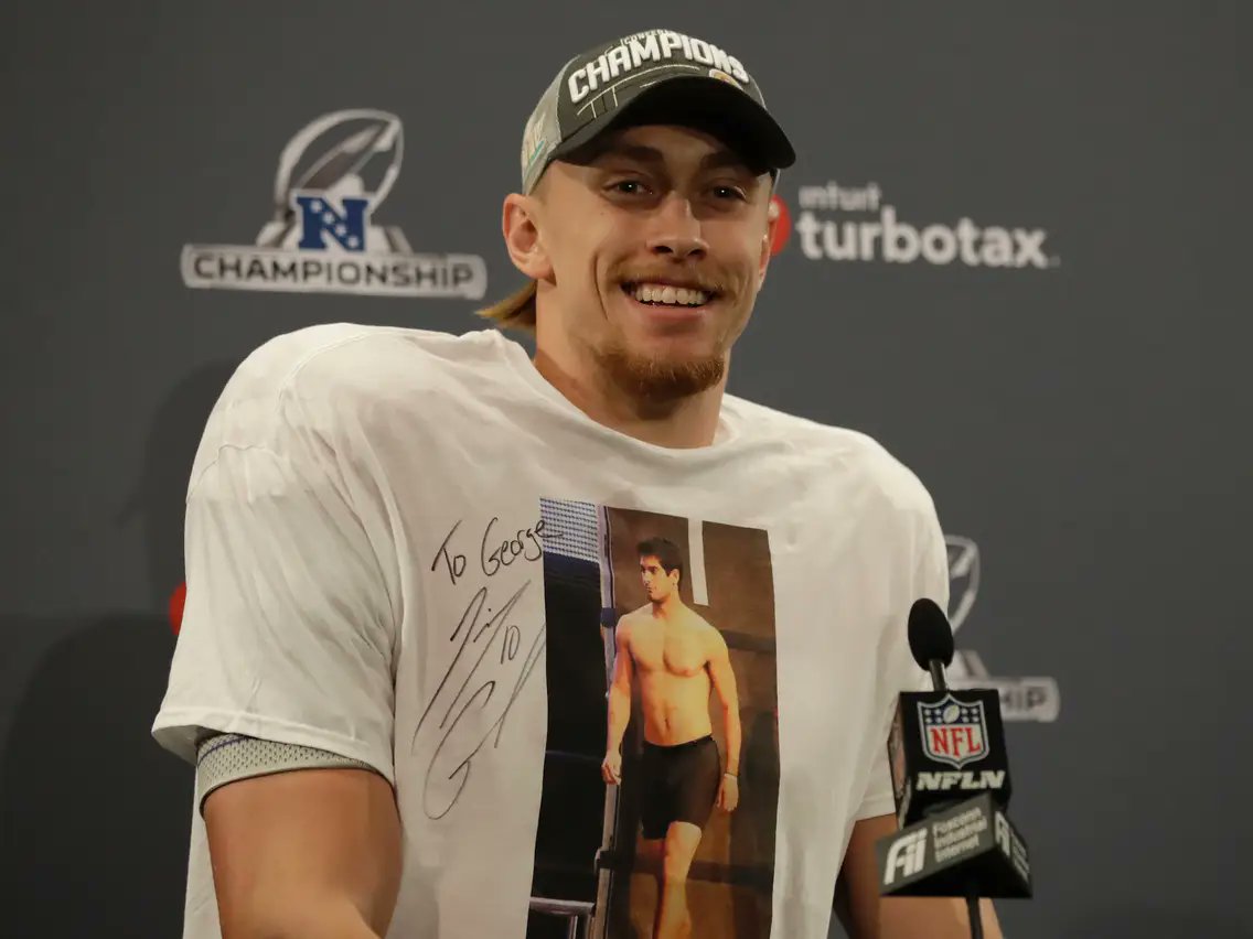 LookTees's tweet photo. George Kittle Wore a Signed Jimmy Garoppolo T-Shirt After NFC Win
https://t.co/icvJH2exR8
#funny #tshirts #tshirtdesign #teeslook #unisex #cheap #funnyshirt #tshirtshop #funny #needshirt #NFC #football  #georgekittle #JimmyGaroppolo #49ers #49ersvscowboys https://t.co/0v13dsWxRb