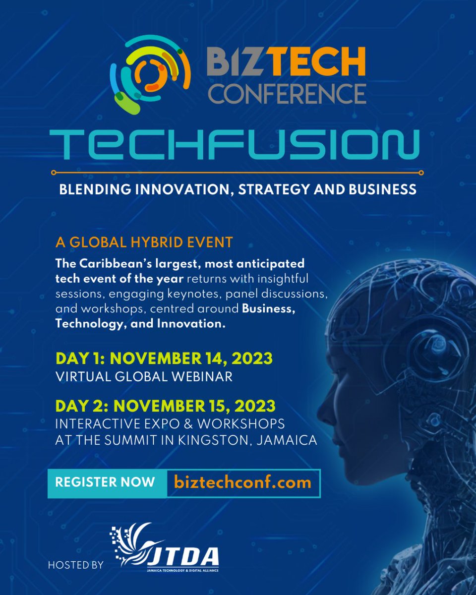 thejtda's tweet photo. Join Us at BizTech 2023 on November 14 - 15, 2023 at The Summit. Explore the future of business and technology in this 2 day hybrid event.
Pre-Register Now: https://t.co/PzLC8fiSwd
#JTDA #BizTech2023 #Jamaica #Tech #DataProtection #Compliance https://t.co/t4CRt79qr1