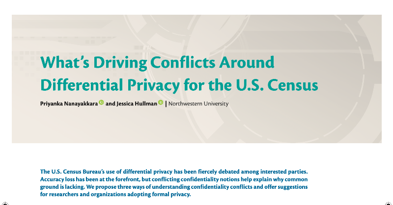 securityprivacy's tweet photo. The US Census Bureau’s use of differential privacy is a hotly contested topic. @priyakalot and @JessicaHullman provide an overview of confidentiality conflicts and offer suggestions for researchers and organizations adopting differential privacy:

@ComputerSociety
#IEEECS