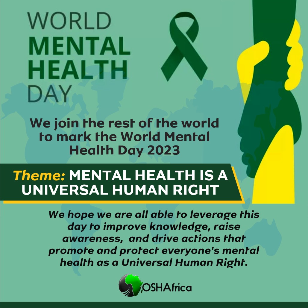 OSHAfrica (@osh_africa) on Twitter photo It is World Mental Health Day 2023.
We join the rest of the world to echo the fact that Mental Health is a Universal Human Right.
Let's support and protect people living with mental health conditions and illnesses today. <a href="/WHOAFRO/">WHO African Region</a> <a href="/nioh_sa/">NIOH</a> <a href="/ARLAC20/">ARLAC</a> <a href="/ILOAfrica/">ILO Africa</a> <a href="/ISSACOMM/">ISSA-Social Security</a> It is World Mental Health Day 2023.
We join the rest of the world to echo the fact that Mental Health is a Universal Human Right.
Let's support and protect people living with mental health conditions and illnesses today. <a href="/WHOAFRO/">WHO African Region</a> <a href="/nioh_sa/">NIOH</a> <a href="/ARLAC20/">ARLAC</a> <a href="/ILOAfrica/">ILO Africa</a> <a href="/ISSACOMM/">ISSA-Social Security</a>