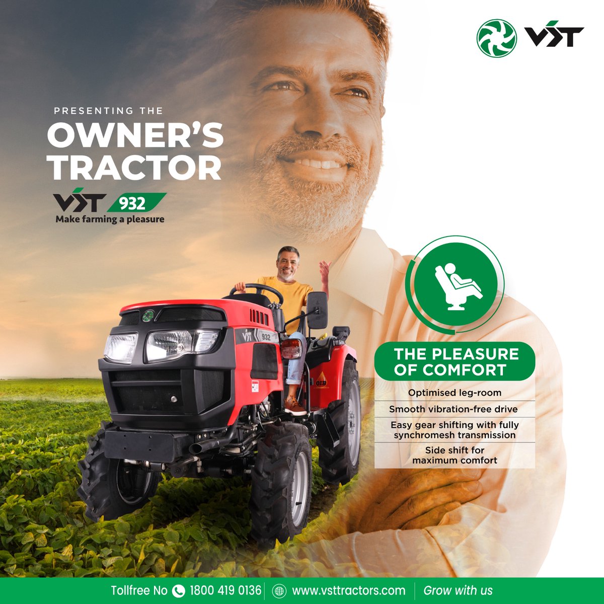 VST_Tillers's tweet photo. 🚜 VST 932 - The Owner's Tractor:
1️⃣ Ample leg-room.
2️⃣ Forget bumps with a smooth ride.
3️⃣ Extended work with Synchromesh Transmission.
4️⃣ Real side shift for top comfort.
Designed for proud owners. 🌾🌟
#VST932 #OwnersTractor #PleasureOfComfort #FarmWithEase https://t.co/DTWhCxyt3v