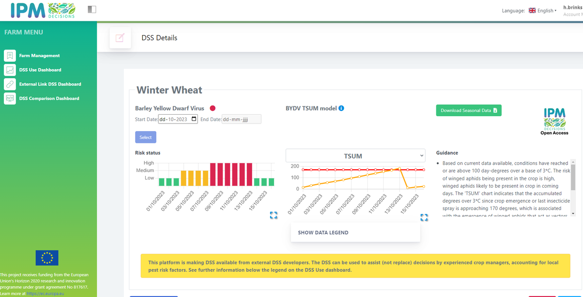 IpmDecisions's tweet photo. The T-sum for emergence of winged aphids in early sown winter wheat is getting close, with risk of BYDV infection. The figure applies to wheat on 1 October, for a site in the Netherlands. Create a free account at https://t.co/BNwbqYFbMa https://t.co/CGVGva9fp4