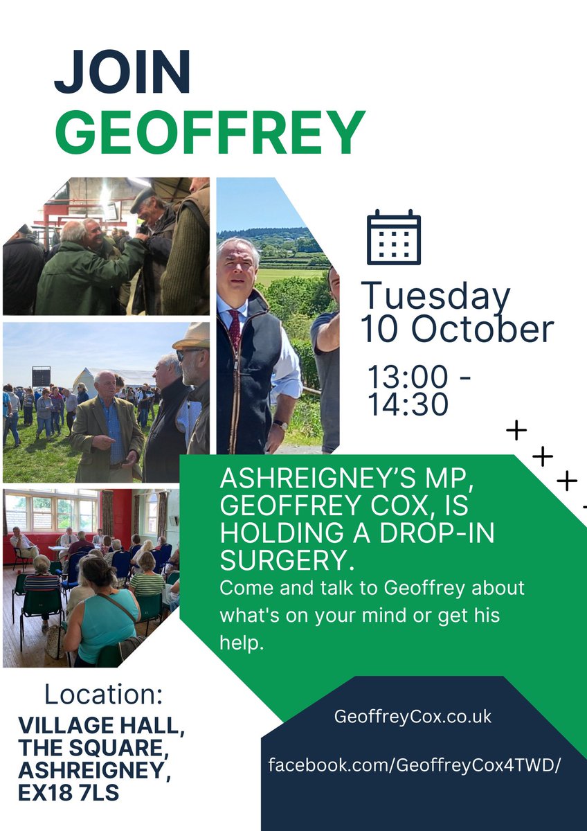 I am holding more community surgeries in Halwill Junction, Northam and Ashreigney today. Please get in touch at tellgeoffrey@geoffreycox.co.uk or just drop in if you would like to get my help or chat about something on your mind!