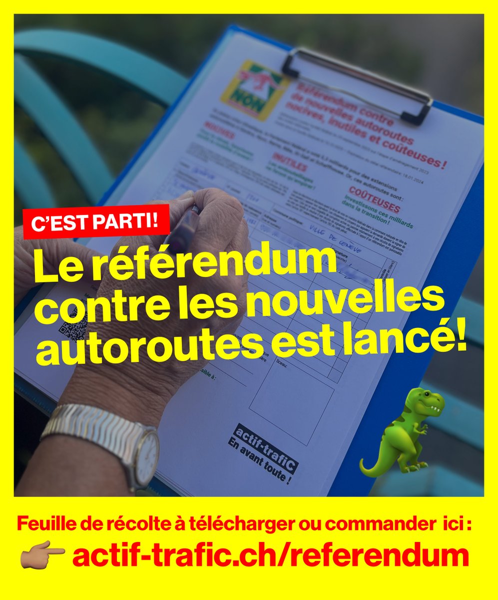 C’est parti! Feu vert pour la récolte de signatures contre les nouvelles autoroutes à 5,3 milliards! Nous avons 100 jours pour récolter 50'000 signatures contre ces autoroutes nocives pour le climat, inutiles et coûteuses. Téléchargez ou commandez ici: 
👉🏽 actif-trafic.ch/referendum