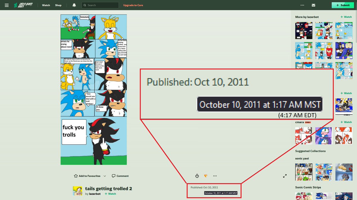 On this EXACT MINUTE, 12 years ago, the very first page of Tails Gets Trolled (retroactively labeled as the second page) was uploaded to DeviantArt! Happy anniversary!