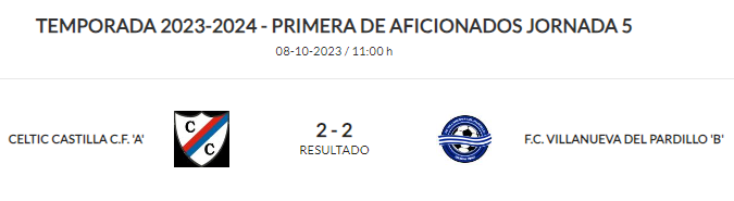Partido intenso en el Canal,donde los goles llegaron en los últimos 20 minutos
Empate a 2 de <a href="/CelticCastilla/">Celtic Castilla C.F.</a> y <a href="/FCVPAR/">FCVPAR</a> B donde Barrena adelantó a los visitantes pero Sergio y Pablo volteaban el marcador en 5 minutos a poco de final
Chacon en el descuento ponía el resultado final