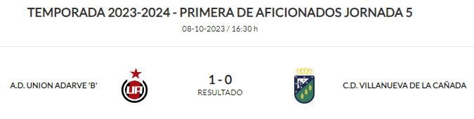 Victoria por la mínima de <a href="/UnionAdarve/">AD Unión Adarve</a> B ante <a href="/cdvvadelacanada/">C.D. Villanueva de la Cañada</a> con un gol de Marcos en la parte final del partido.

Partido de tú a tú entre dos equipos llamados a luchar arriba esta temporada.