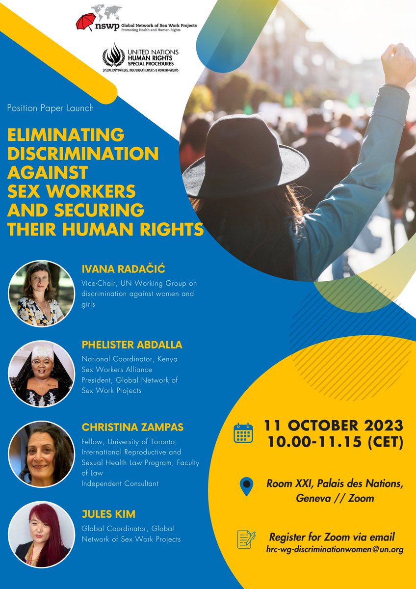 📢Don't miss it📢 Join us tomorrow for the launch of our 🆕 position paper 'Eliminating discrimination against sex workers and securing their human rights' 📅11 October 2023, 10.00-11.15 AM (CET) 📍Zoom/Geneva Register by today: email us at hrc-wg-discriminationwomen@un.org