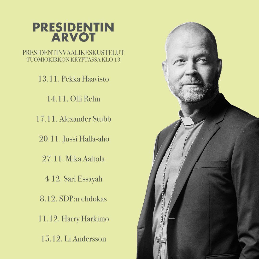 Presidentin arvot Tällä otsikolla keskustelen eduskuntapuolueiden ja 20k korttia keränneiden presidenttiehdokkaiden kanssa. Yksi vieras, yksi tunti. Aiheina persoona ja arvot. Tuomiokirkon kryptassa, marras-joulukuussa. @iltasanomat näyttää keskustelut suorana ISTV:ssa.