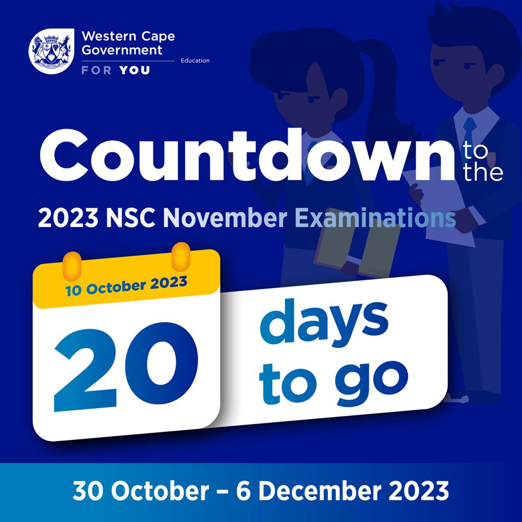 WCEDnews's tweet photo. There are just 20 days to go until the 2023 NSC examinations! ⏳ Matrics can access additional support to help them prepare for the exams here 👉 https://t.co/ytAQUKaLTm https://t.co/fNSqi6e2EB