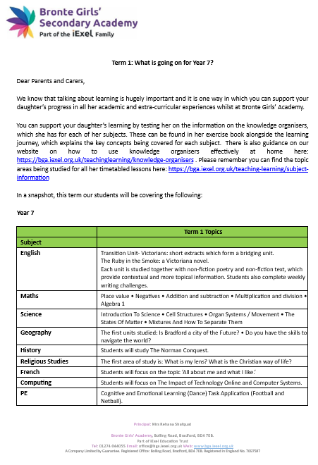 BronteGirls's tweet photo. Learning conversations are always good to have! Please discuss what your daughter has been learning throughout the term. Here is a reminder. Please remember the curriculum plans are also on our website. #Year7 #Talkaboutlearning https://t.co/3tdk03FgnW