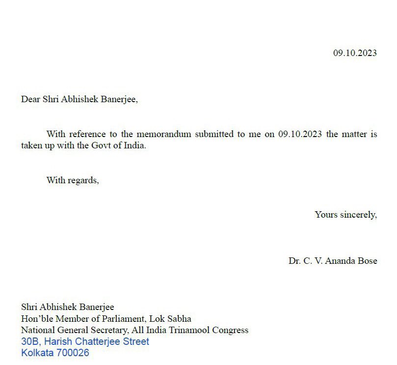 My heartfelt gratitude to the @BengalGovernor C V Ananda Bose, for promptly addressing the pressing issue concerning the welfare of the people of Bengal. Specifically, his swift intervention for the rightful entitlements of over 21 lakh+ individuals of WB deprived under #MGNREGA