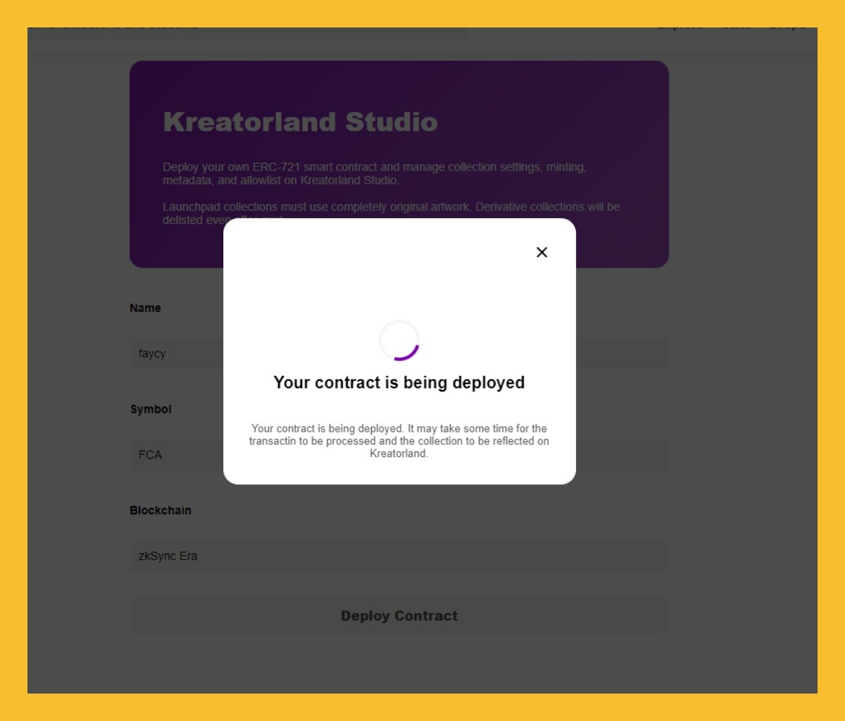 2/ Create your NFT projects @Kreatorland ▪️ Go to: kreatorland.com/launch ▪️ Connect to zkSync Era ▪️ Complete all information ▪️ Then 'Deploy now' $1