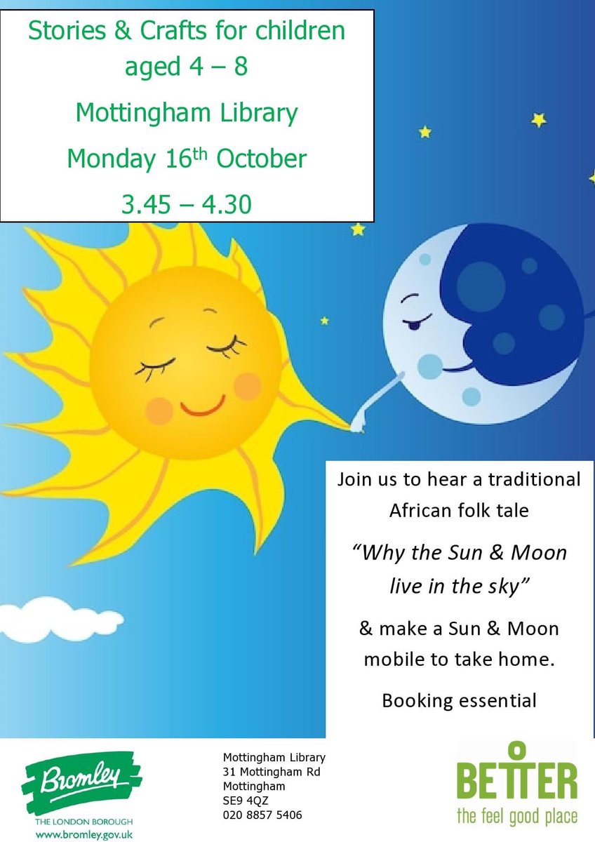 BromLibraries's tweet photo. Celebrate #BlackHistoryMonth at #MottinghamLibrary by taking part in a re-telling of a traditional African Folk Tale - then make a mobile to take home. Suitable for ages 4 - 8 with their parents/carers. Pre-Booking essential @LBofBromley @Better_UK @BPVForum https://t.co/mDvUVHTyOD