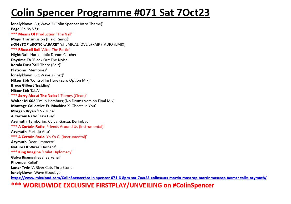 #ColinSpencer Programme #071

▶️mixcloud.com/ColinSpencer/c…
featured,
at least,
SIX
worldwide #exclusive firstplays
amongst
the self-released artists and output of labels
including
@AWBWrecords
@Karteltweets
@MetropolisRec
@Monotreme_Recds
@MuteUK
@olirecords
@pias_global
@TowersTown
