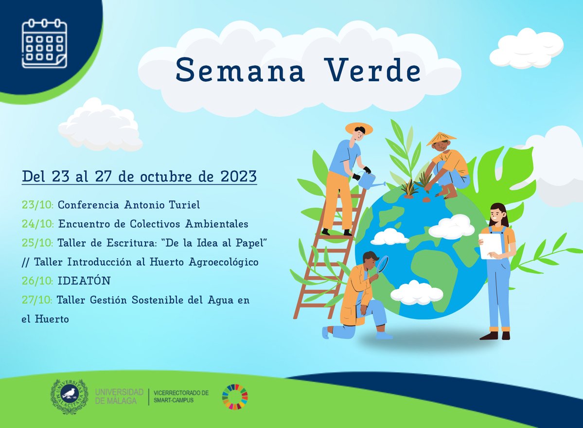 🌿 Del 23 al 27 de octubre, prepárate para sumergirte en la Semana Verde organizada por el Vicerrectorado de Smart-Campus. 🌱  

¡No te quedes sin plaza!

Inscripciones: u.uma.es/ecw/
Más información: u.uma.es/ecK/