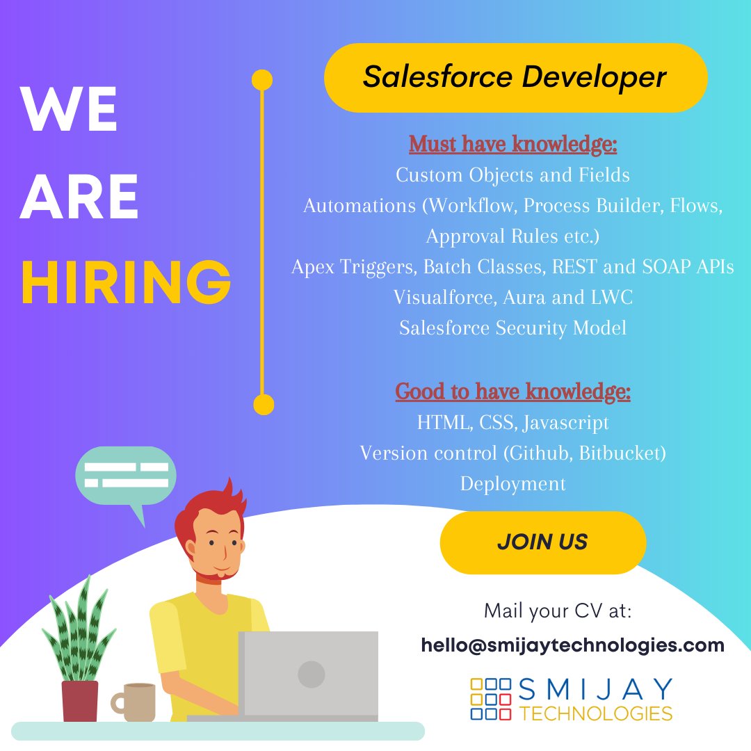 We are seeking a qualified Salesforce Developer at Smijay Technologies with at least 2 years of relevant experience. 
To apply, please send your resume and a cover letter to hello@smijaytechnologies.com
#hiring #hiringnow #JOBALERT #jobopen #salesforcedeveloper #salesforce