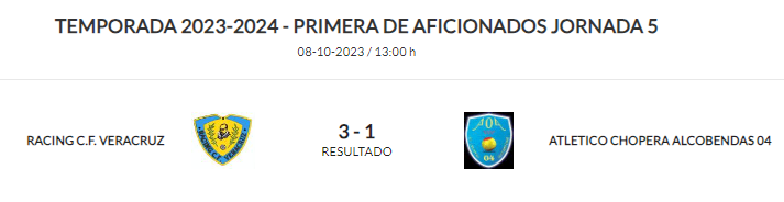 Llegó la ansiada victoria de <a href="/RacingVeracruz/">racing veracruz cf</a>  por 3-1 ante <a href="/alcobendas04/">AT Chopera Alcobendas 04</a> 

Manu García de penalti y José a la media hora ponía todo de cara para los de Alcalá de Henares. 

En la parte final un gol para cada equipo, LuisJa hacía el 3-0 y Nacho Duffort en descuento el 3-1 final