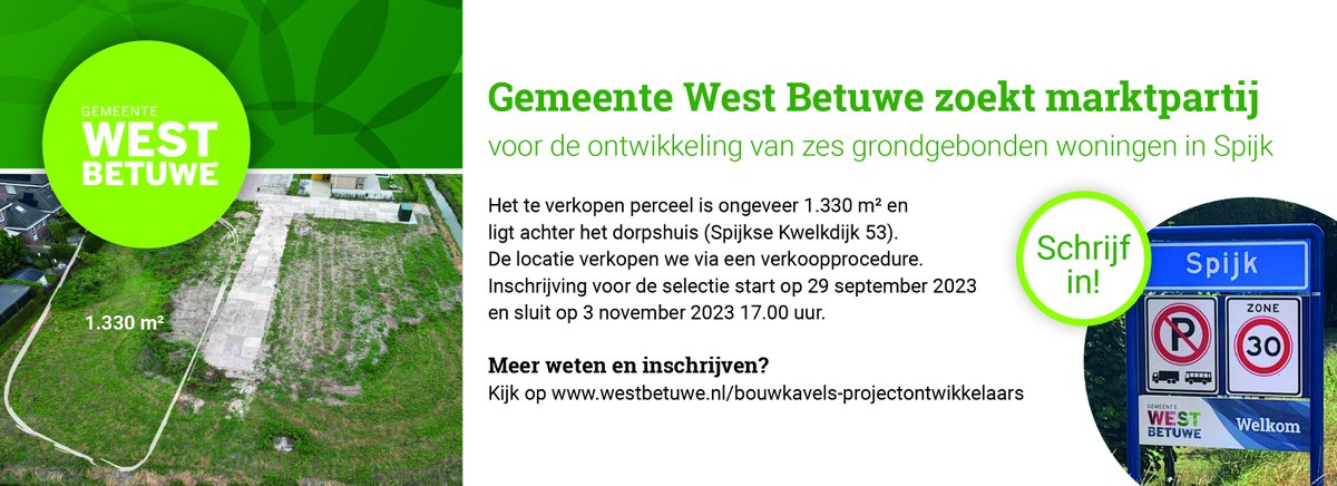 Is jouw bedrijf de marktpartij die we zoeken voor de ontwikkeling van zes grondgebonden woningen in #Spijk #WestBetuwe? Inschrijven voor de selectie kan tot 3 november 2023 17.00 uur. #woningbouw #projectontwikkeling #westbetuwebouwt