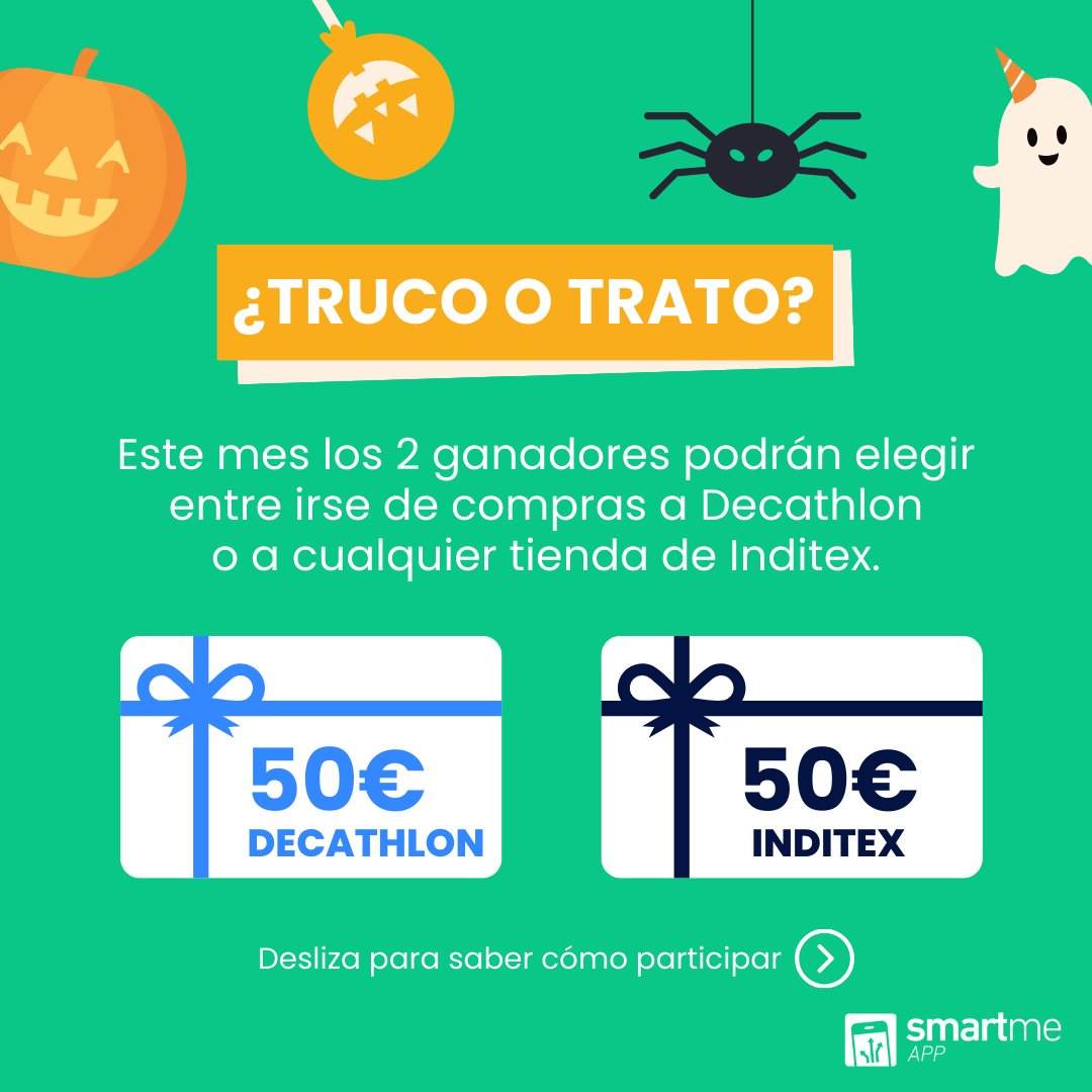 Smartme_App's tweet photo. ¿Truco o trato? 👻🎃 ¡Consigue 1 de las 2 tarjetas regalo de 50€ cada una que sorteamos! Podrás elegir entre irte de compras con la tarjeta de Decathlon o con la de Inditex 🤩

Consulta las bases legales y condiciones del concurso en la App 📲

#smartmeapp #concurso #halloween https://t.co/GeSPXnSmbd