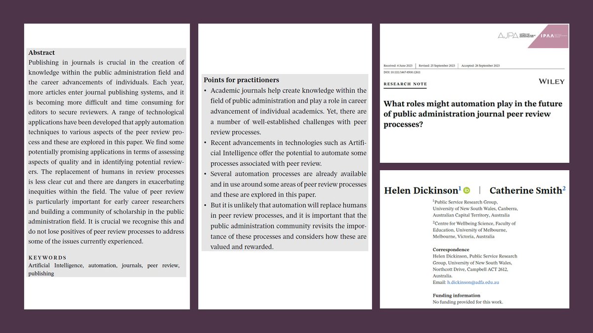 AJPA (@ausjpa) on Twitter photo 📣🆕Early view❗️
What do #ArtificialIntelligence & #automation mean for #publicadministration journal #PeerReview processes❓
<a href="/drhdickinson/">Helen Dickinson</a> & <a href="/educ84equity/">Educ84equity</a> note both the advantages for efficient processes & the challenges for researchers (e.g., #ECRs)👇
onlinelibrary.wiley.com/doi/full/10.11… 📣🆕Early view❗️
What do #ArtificialIntelligence & #automation mean for #publicadministration journal #PeerReview processes❓
<a href="/drhdickinson/">Helen Dickinson</a> & <a href="/educ84equity/">Educ84equity</a> note both the advantages for efficient processes & the challenges for researchers (e.g., #ECRs)👇
onlinelibrary.wiley.com/doi/full/10.11…
