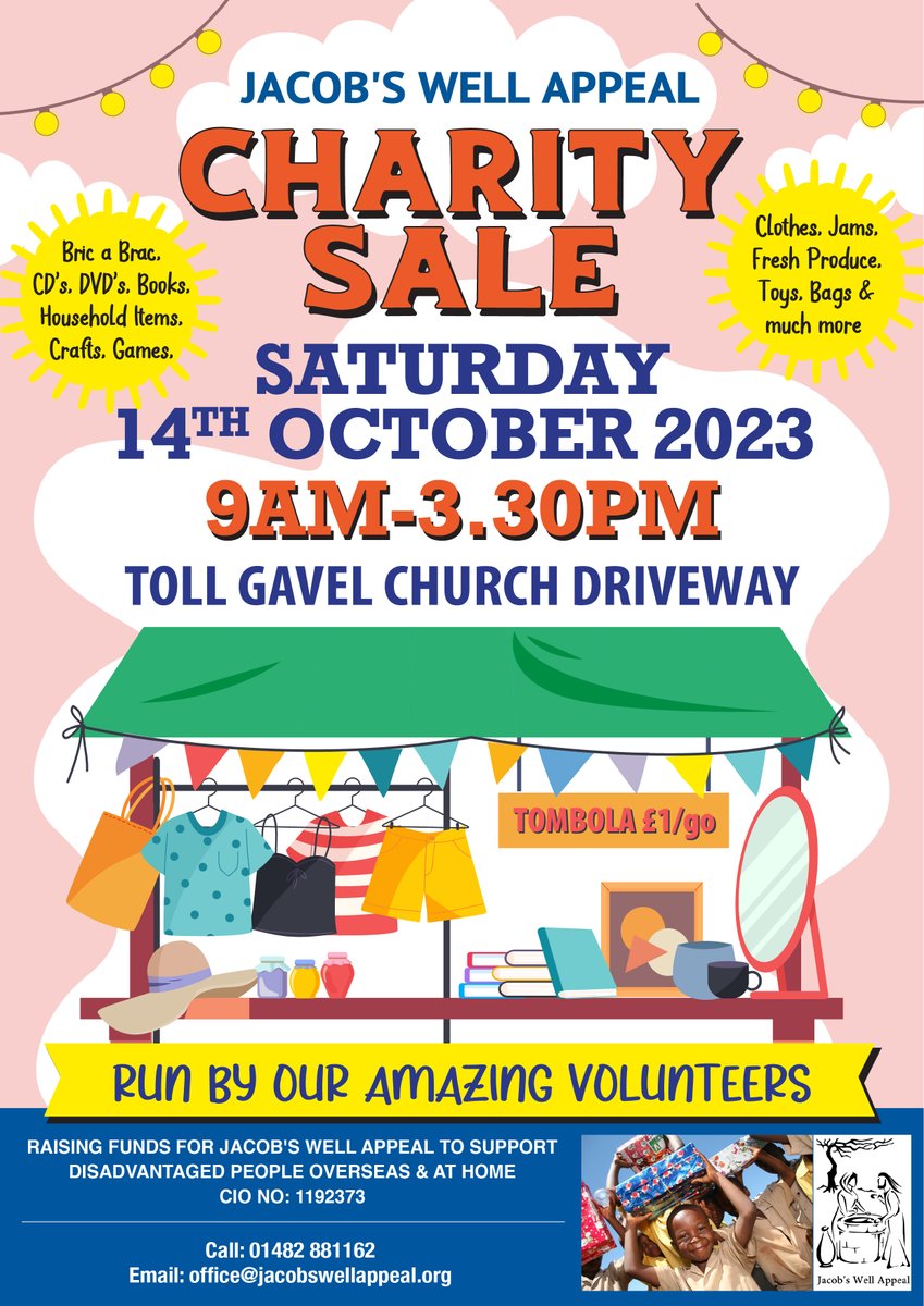 CHARITY SALE on Sat 14 Oct - come along for bargains galore - all sorts of items, fresh produce, tombola. Run by our amazing Volunteers to raise valuable funds for our ongoing Humanitarian work at home &amp; abroad.
