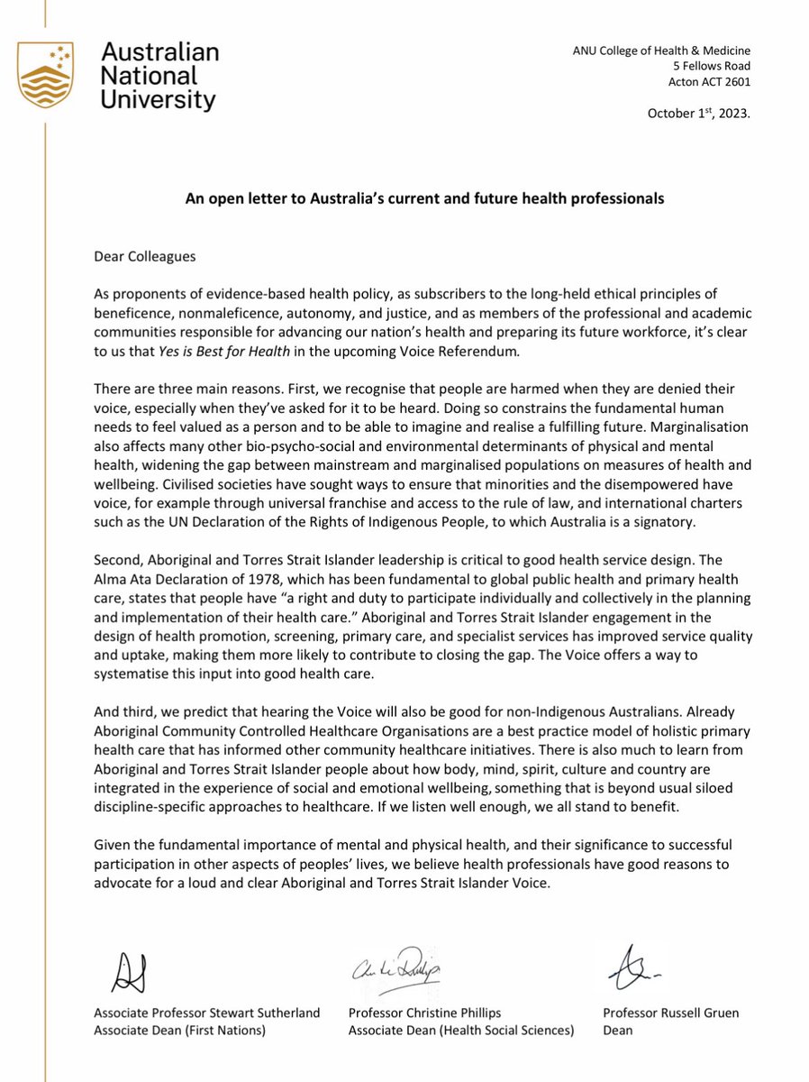 “Yes is best for health” in Australia’s Voice Referendum, based on &gt;30 years studying, teaching, practicing and living Indigenous health. See why in our open letter informs your vote on Saturday, and is a helpful reflection about what we as a profession do every day. Pls share