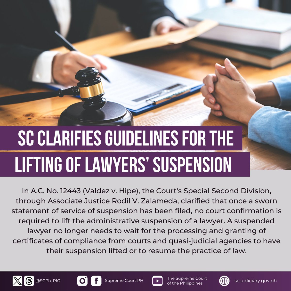 SCPh_PIO's tweet photo. SC: A lawyer’s administrative suspension is lifted instantly upon filing of a sworn statement of compliance. The Supreme Court’s confirmation is not required.

READ: https://t.co/Iuh6CIif0f https://t.co/SEaQemFvS6